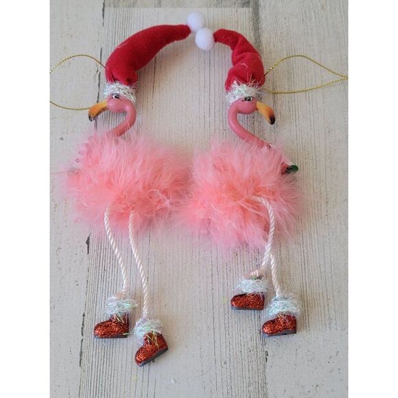 Feet dangling Flamingo set Santa had glitter puffy ornament Xmas - Picture 6 of 7